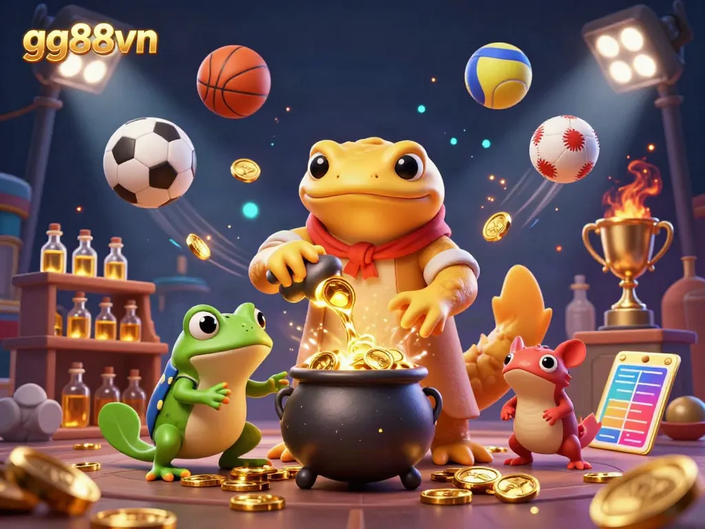 Engage with gg88vn's dynamic casino scene featuring a golden salamander alchemist and vibrant gaming elements.