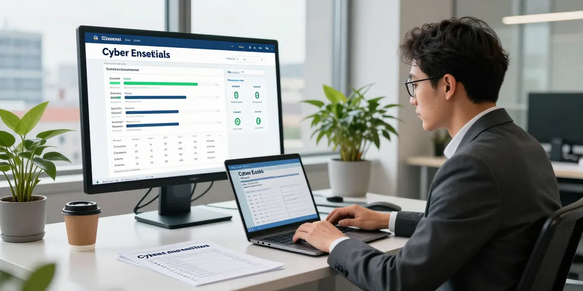 How to get Cyber Essentials certified with a professional in a modern office reviewing compliance documents.