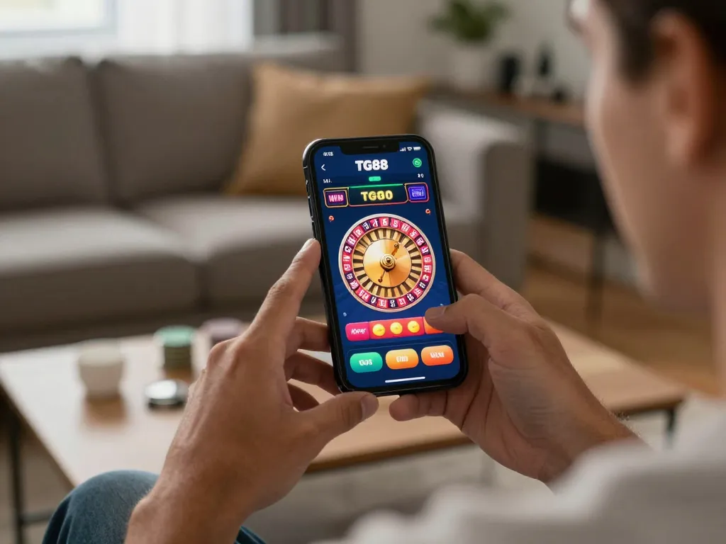 Engaged user exploring the tg88 win casino app on a smartphone, highlighting convenient mobile gambling.