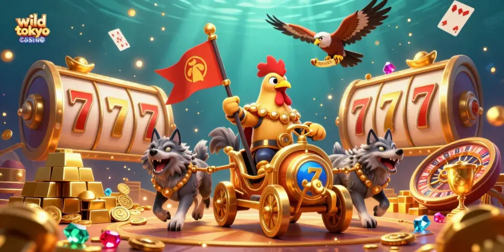 Experience the thrill of wild tokyo casino with a dynamic 3D illustration of a cartoon rooster warlord and casino elements.