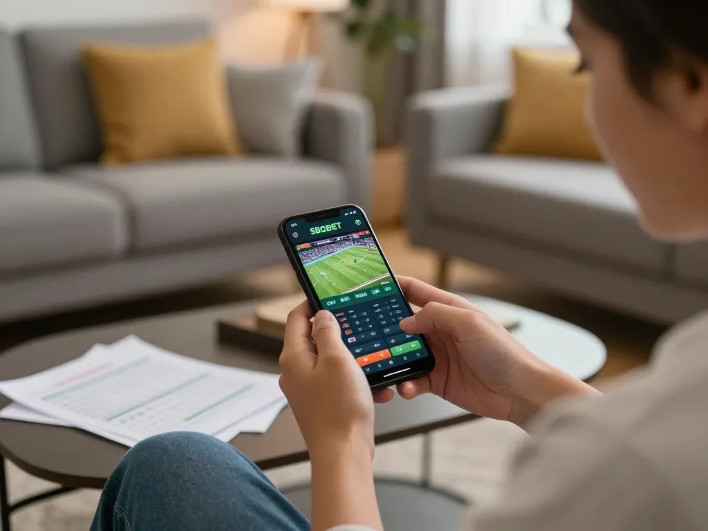 Taruhan olahraga SBOBET di smartphone dalam suasana rumah yang nyaman, pemain yang fokus dan catatan strategis.