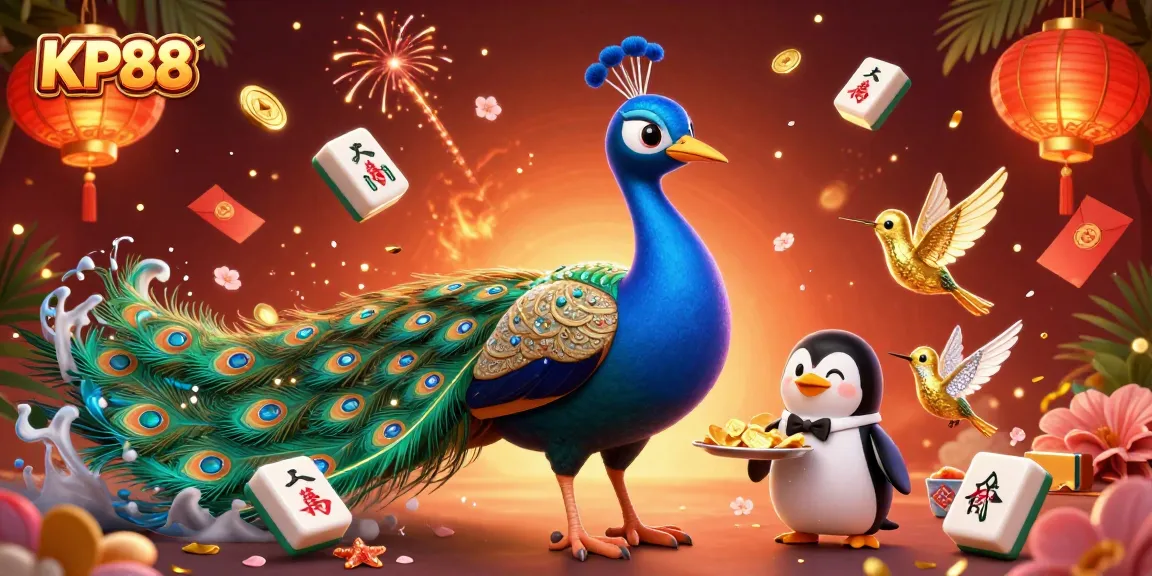 Experience thrilling gameplay at KP88, featuring a vibrant scene with casino elements and a peacock in 3D glory.