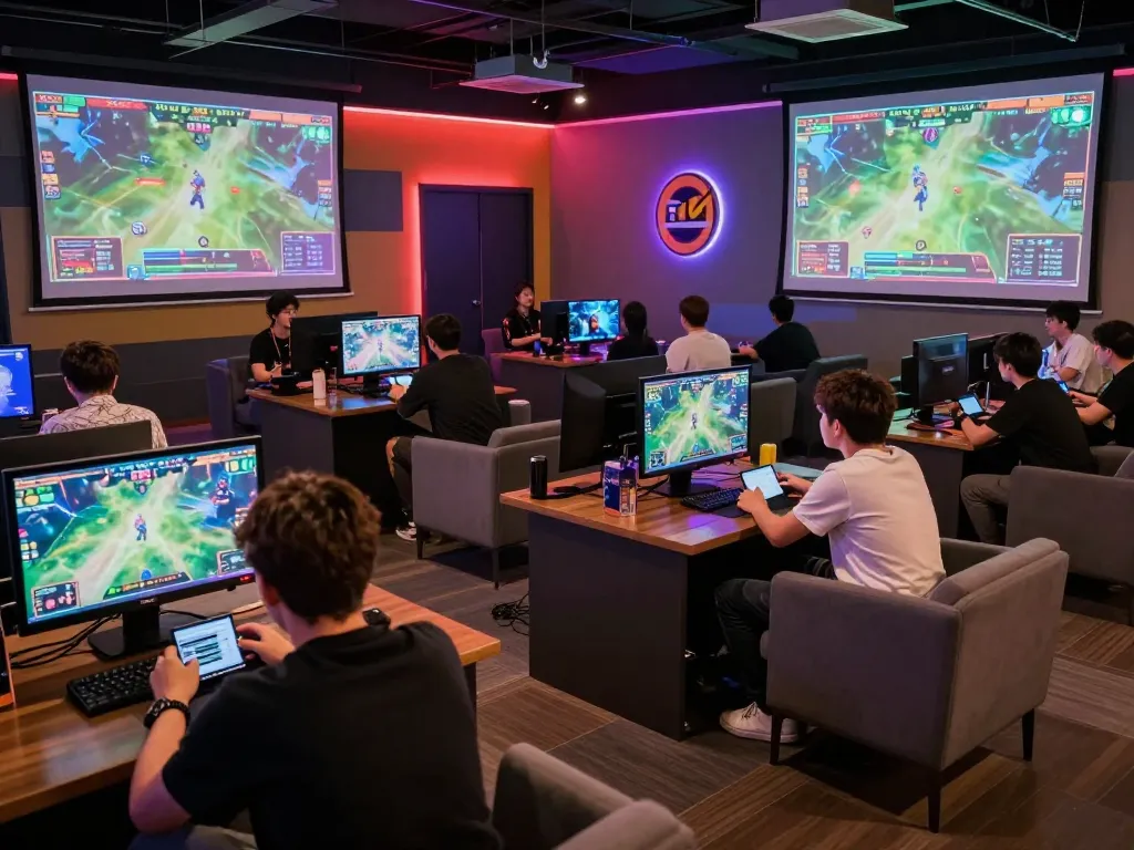 UU88 sports fans engaged in live betting excitement at a vibrant esports lounge.