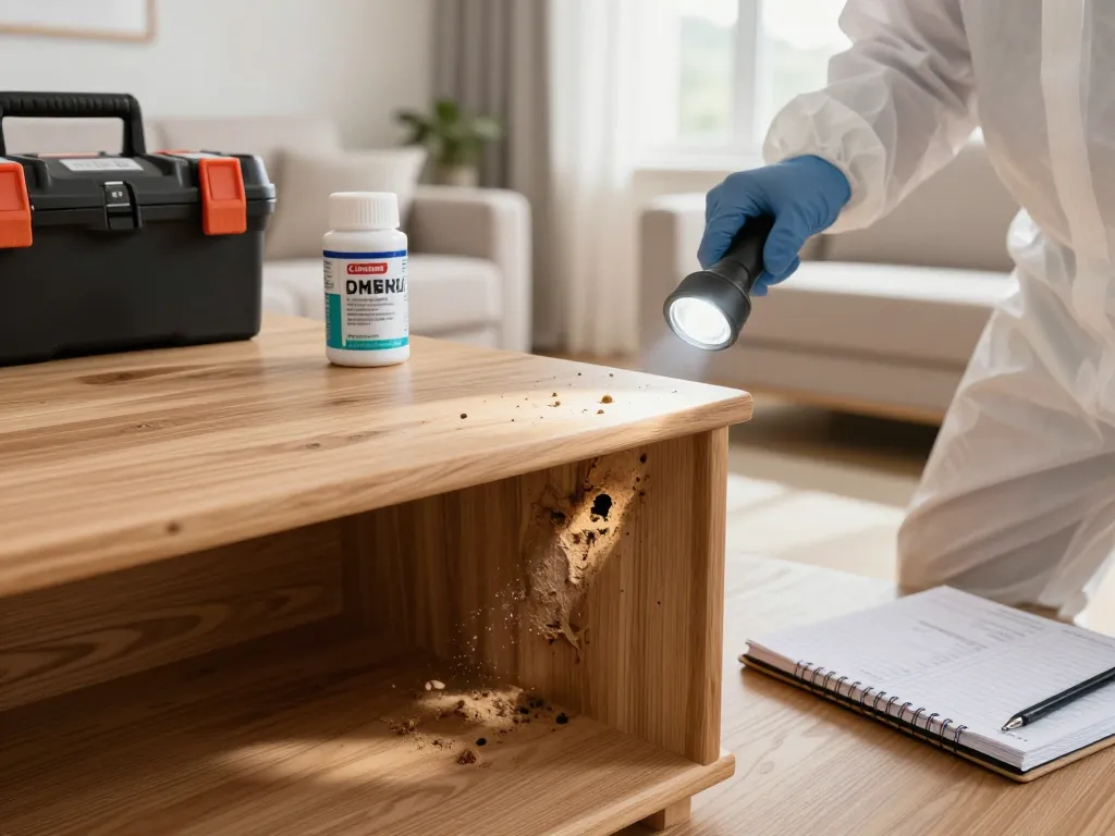 Primo piano dei danni al legno causati dai coleotteri del legno, evidenziando i segni dell'eliminazione del coleottero del legno e gli strumenti per la gestione dell'infestazione.
