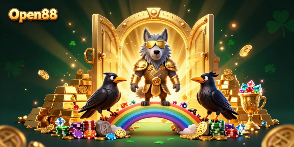 Open88 offers exciting gaming with a dynamic illustration of Odin and ravens, surrounded by treasure.