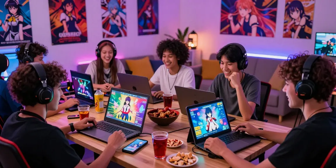 Players enthusiastically enjoying hentai games on various devices in a cozy gaming room setting.