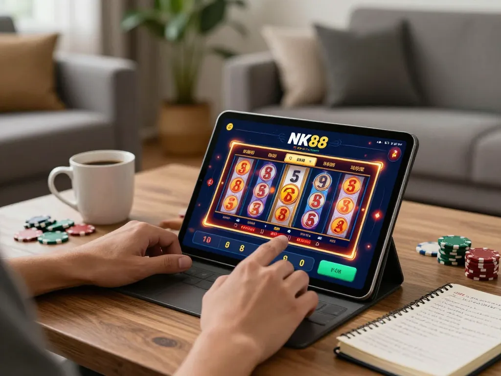 Engaging with the NK88 app for online gaming on a tablet in a cozy setting