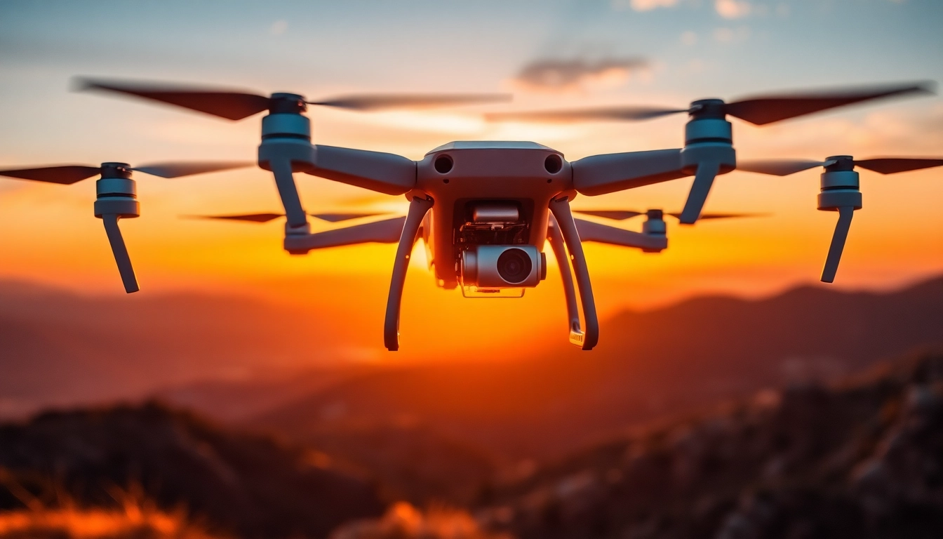 Droni professionali in volo durante un'indagine aerea al tramonto, evidenziando tecnologia avanzata.