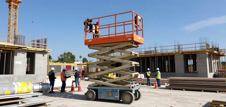 Operator using an electric scissor lift at a busy construction site, showcasing modern equipment and teamwork in action.